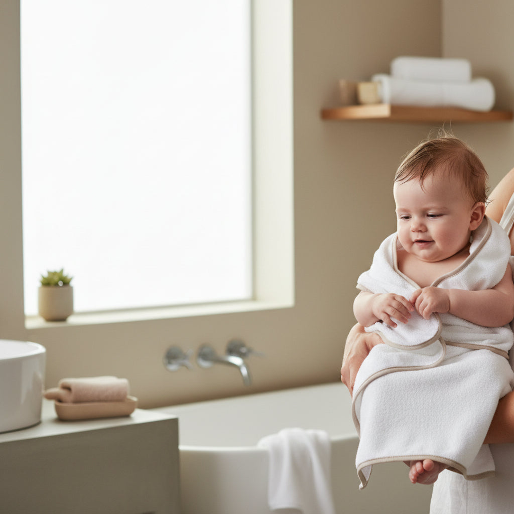 Baby wrapped in a towel in a bathroom setting