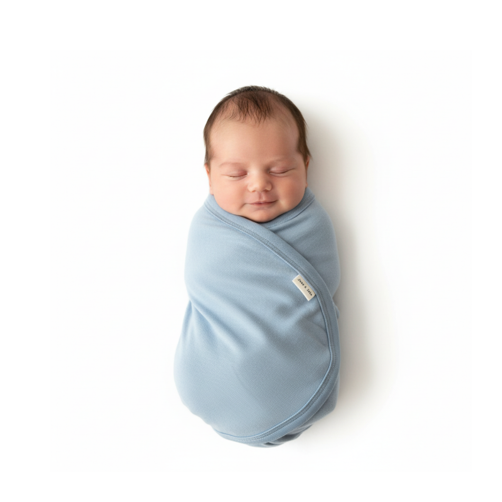 Newborn baby wrapped in a light blue swaddle on a white background