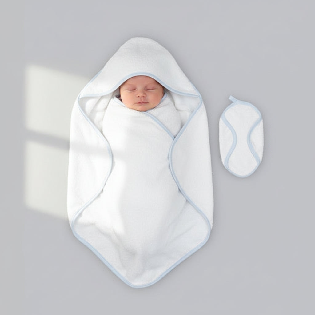 White hooded towel with blue trim 