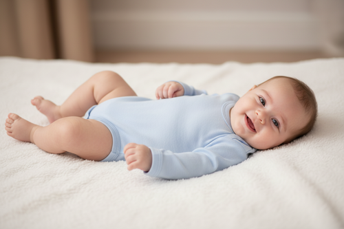 baby wearing a blue envelope neck onesie lying on a white blanket