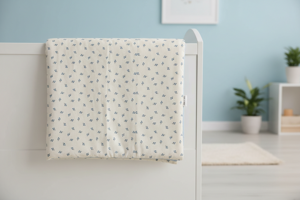 Floral-patterned cot duvet cover on a white crib against a light blue wall with a plant and shelf in the background.