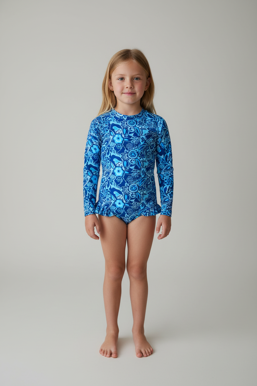 Girl's Long Sleeve one-piece Chloe swimsuit (UPF 50+) - Ocean Flowers