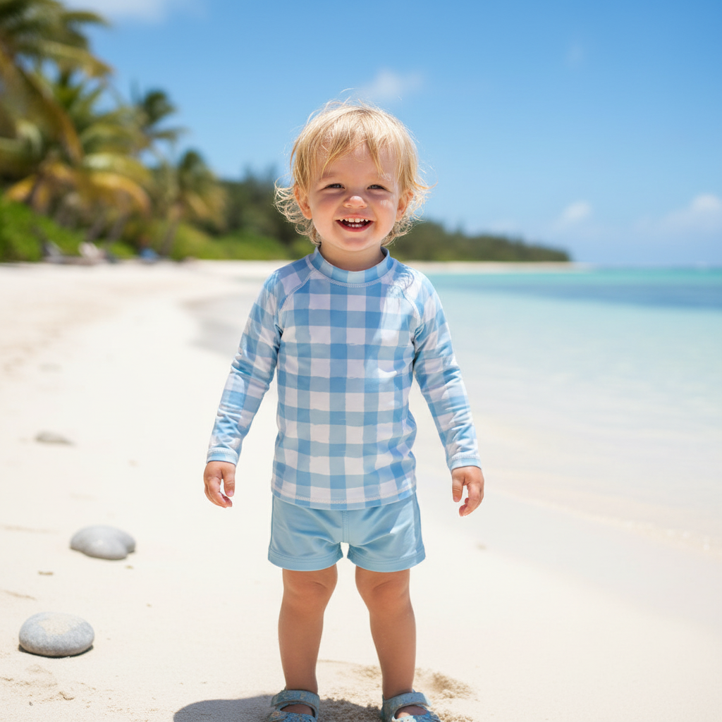 A smiling toddler stands on a sandy beach wearing a light blue and white gingham long-sleeve rash guard and matching shorts.