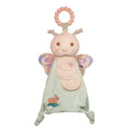 Butterfly-themed plush toy with a teething ring on a white background