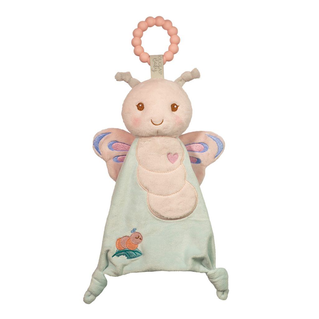 Butterfly-themed plush toy with a teething ring on a white background