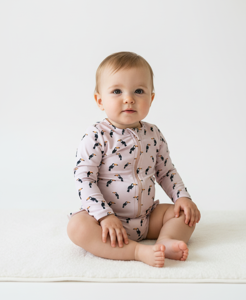 Baby onesie with toucan pattern on a light green background baby swimsuit swimwear UPF 50+ 