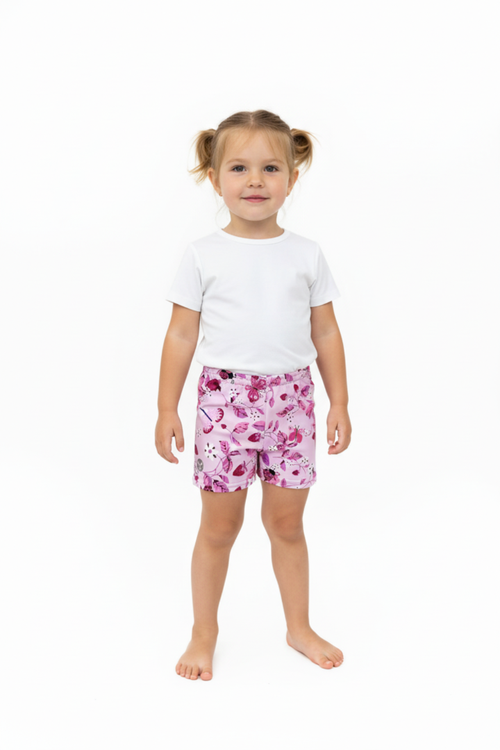 Pink floral shorts on a white background