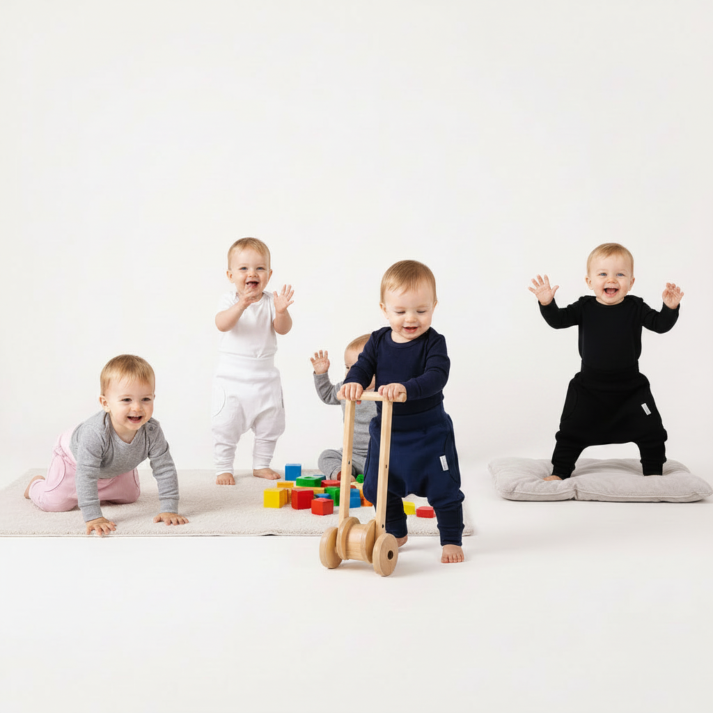 Harem slouch pants on babies playing with various toys little lumps clothing shop