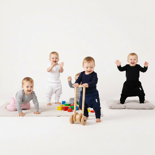 Harem slouch pants on babies playing with various toys little lumps clothing shop