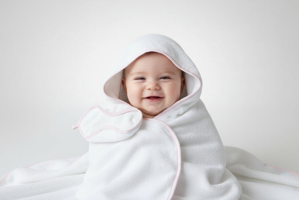 White hooded towel with pink trim and matching washcloth