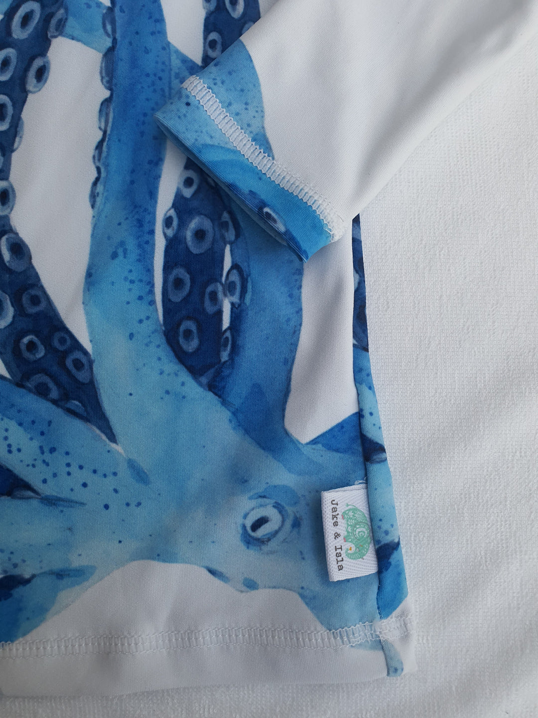 close uo of blue Ink octopus rashvest