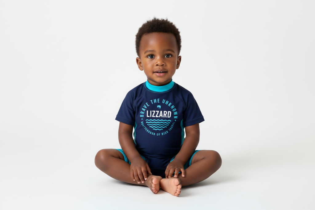 Navy and turquoise swimsuit with Lizzard branding on a white background