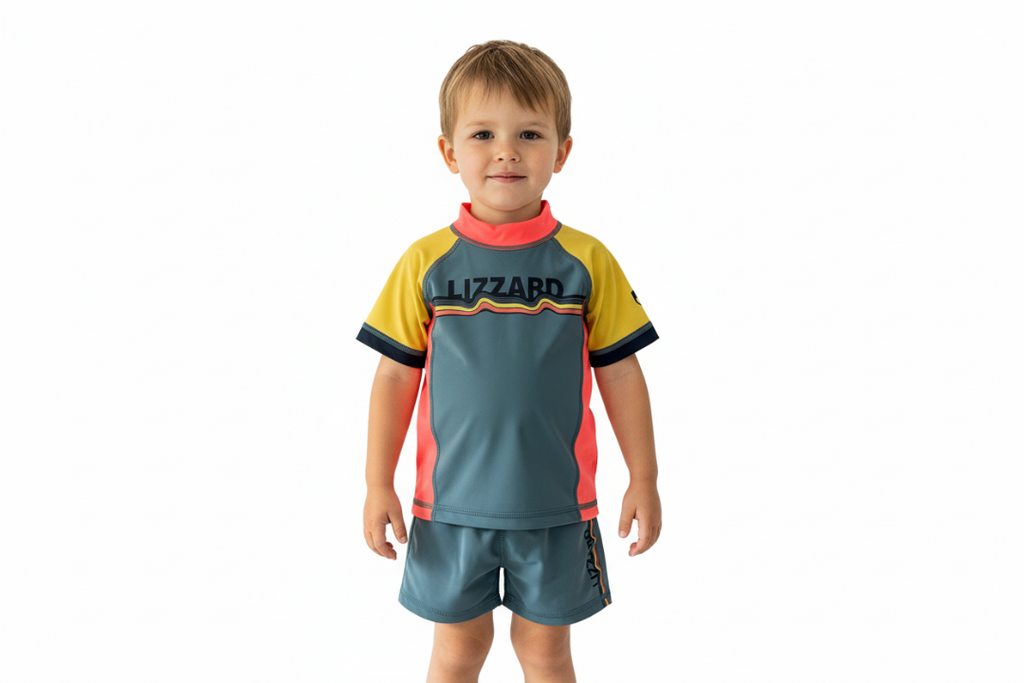 Children's swimsuit with red, yellow, and gray colors on a white background