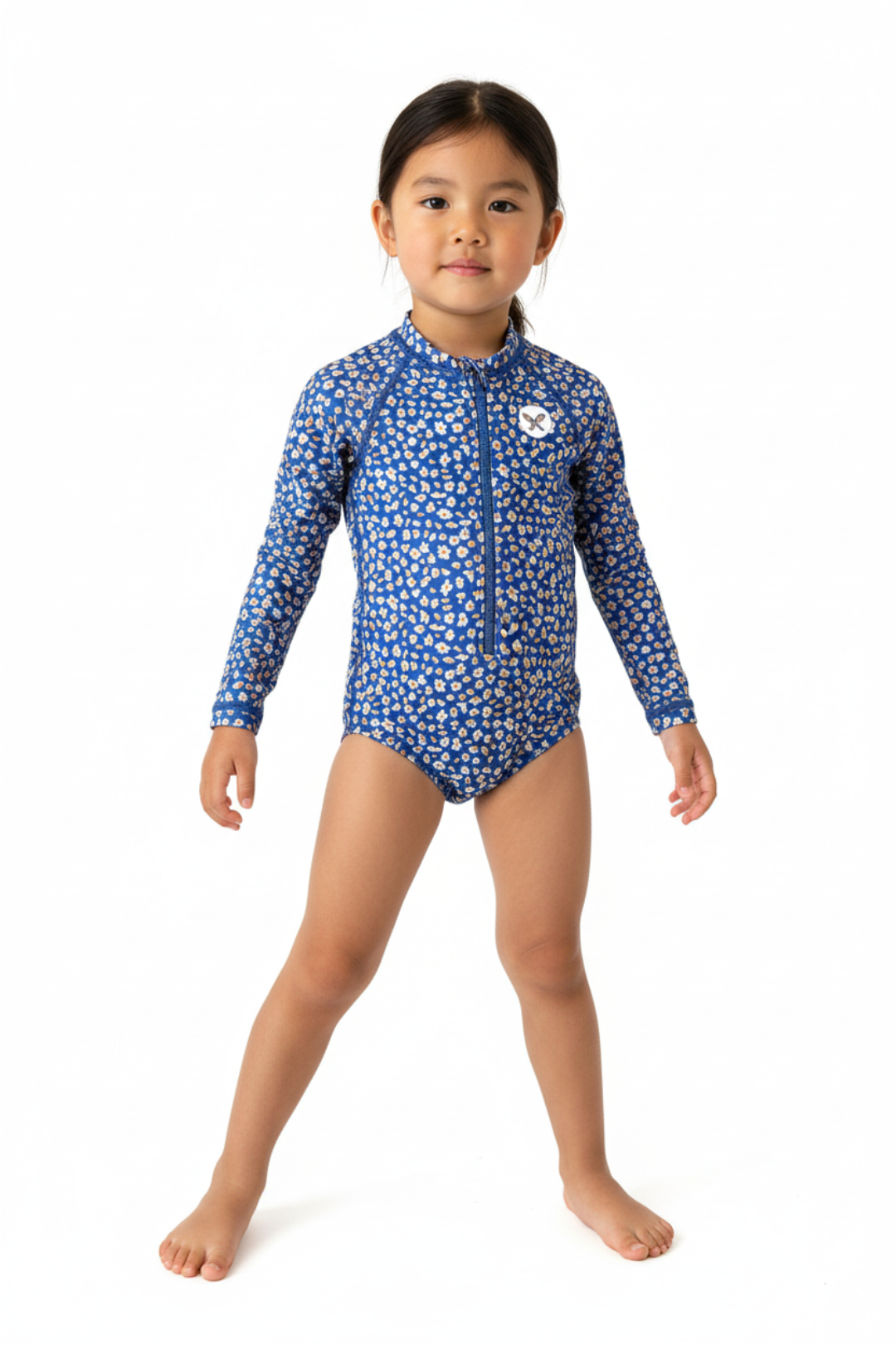 Blue floral-patterned swimsuit with a logo on a white background
