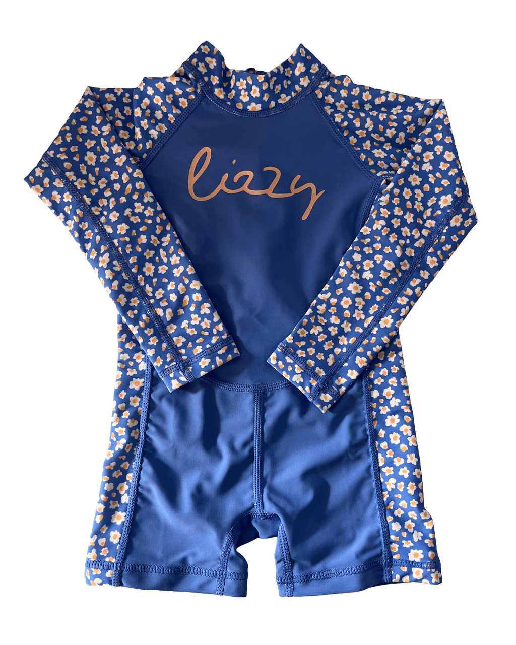 Blue swimsuit with floral sleeves and 'lizzy' branding on a white background