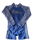 Blue swimsuit with floral sleeves and 'lizzy' branding on a white background