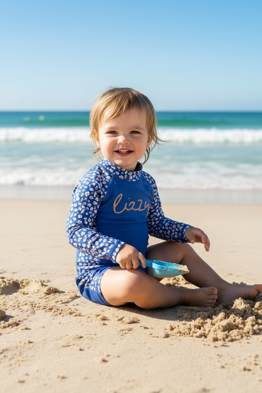 Child in a blue swimsuit with floral pattern sitting on the beach.