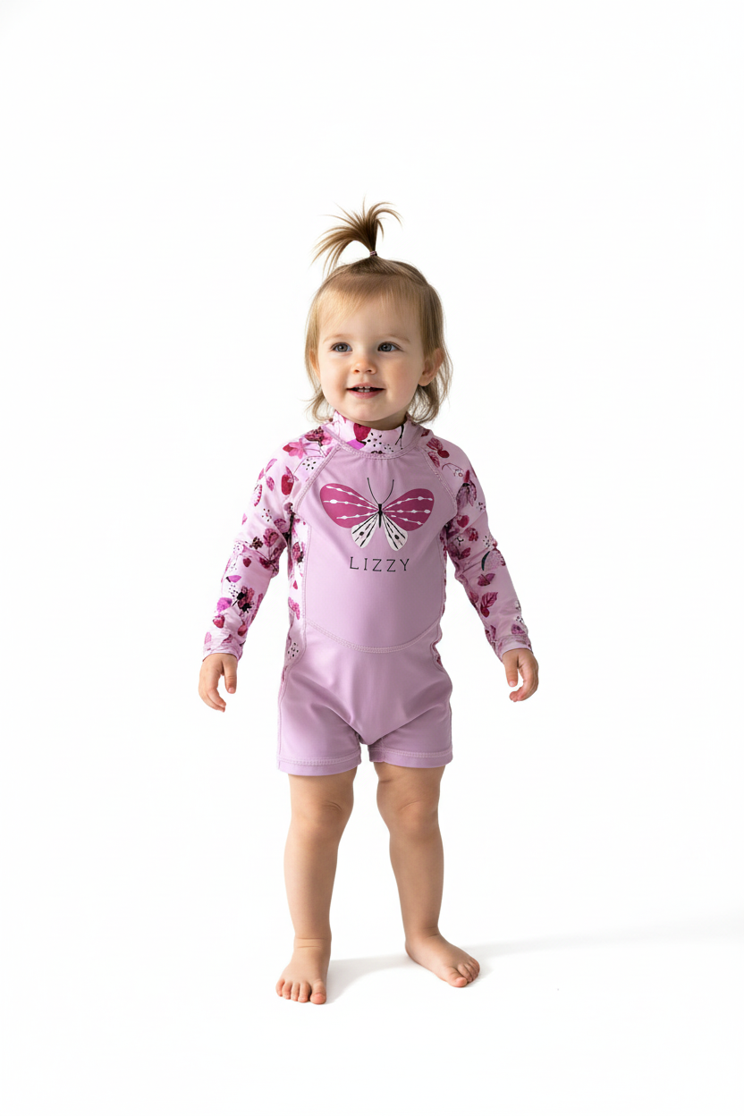 Child wearing a pink butterfly-themed outfit on a white background