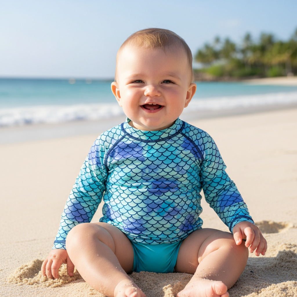 A smiling baby sitting on a sandy beach wearing a blue and teal mermaid-scale long-sleeve rash guard and matching swim bottoms.