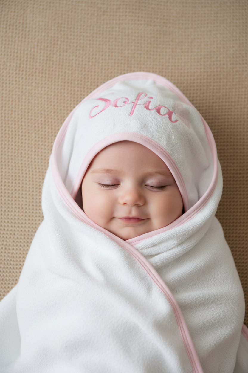 White hooded towel with pink trim and embroidered name 'Sofia' on a white background