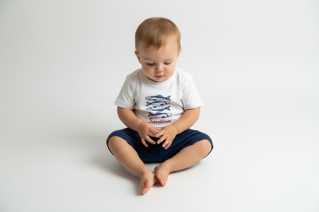 White t-shirt with blue fish illustrations and 'Sardines' text on a white background