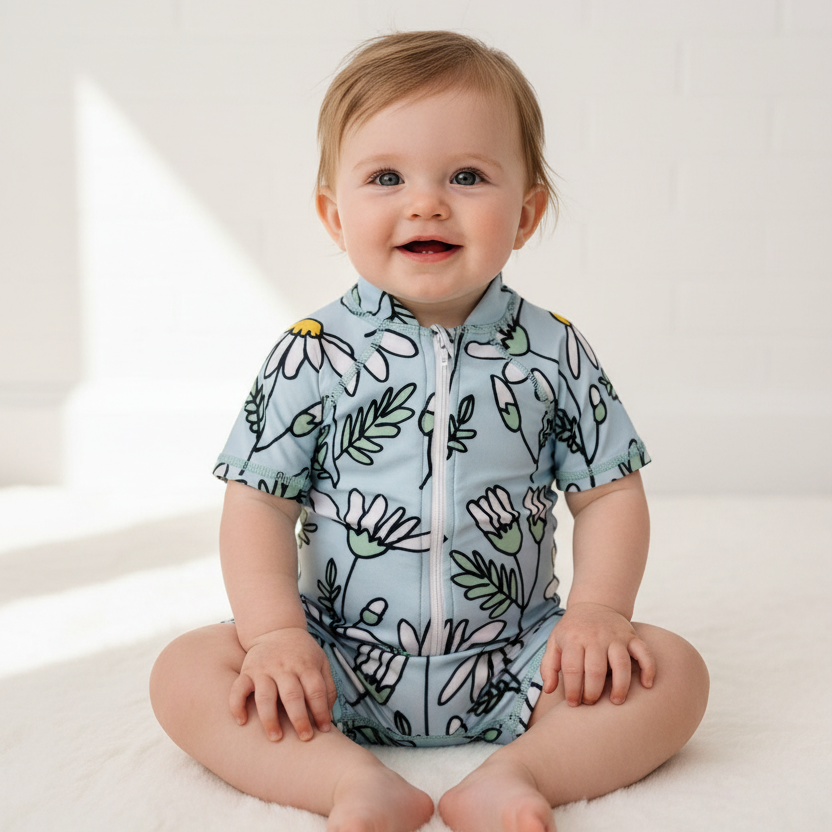 baby wearing Short sleeve daisy print uv suit
