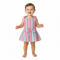 Striped dress with pink, blue, and red colors on a white background