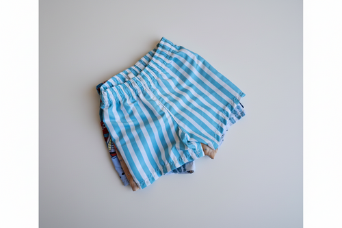 Blue and white striped shorts with swim nappy inside on a white background