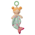 Mermaid-themed plush toy with a teething ring on a white background