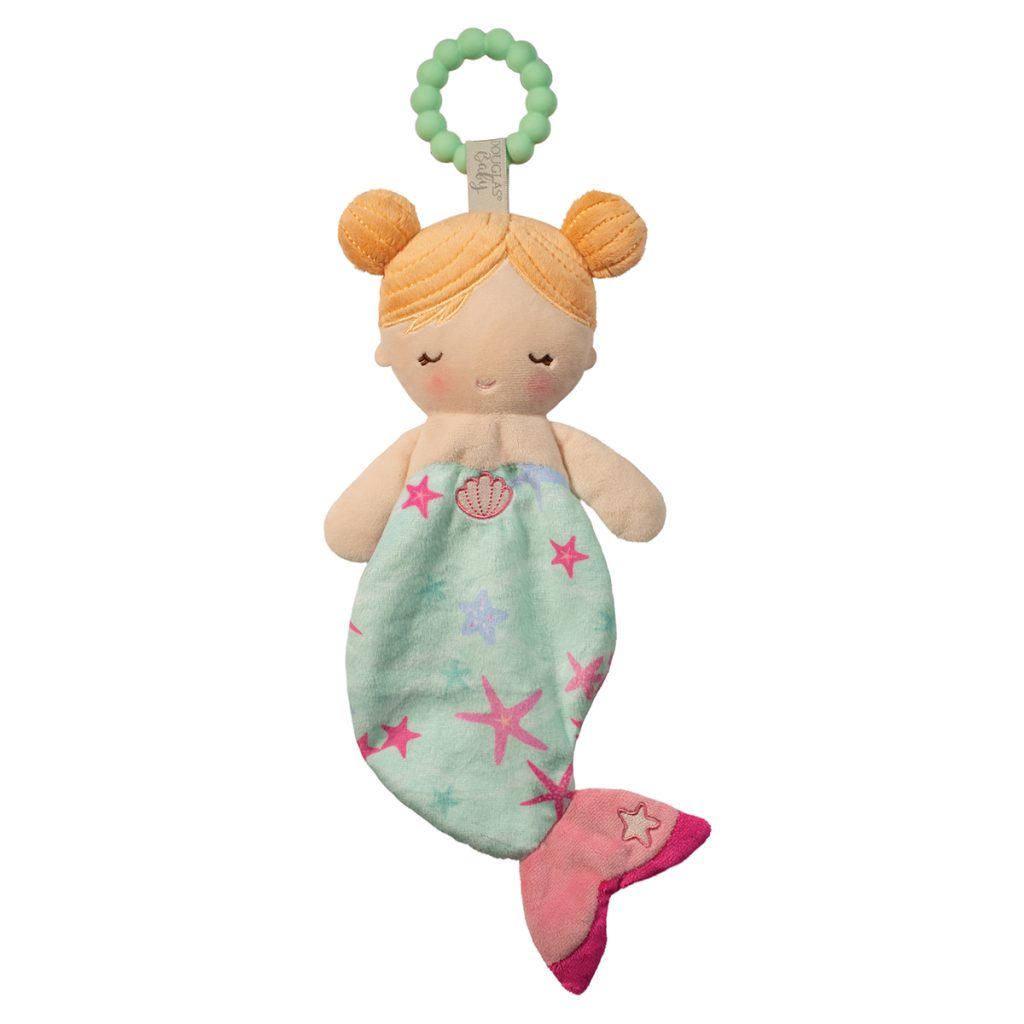 Mermaid-themed plush toy with a teething ring on a white background