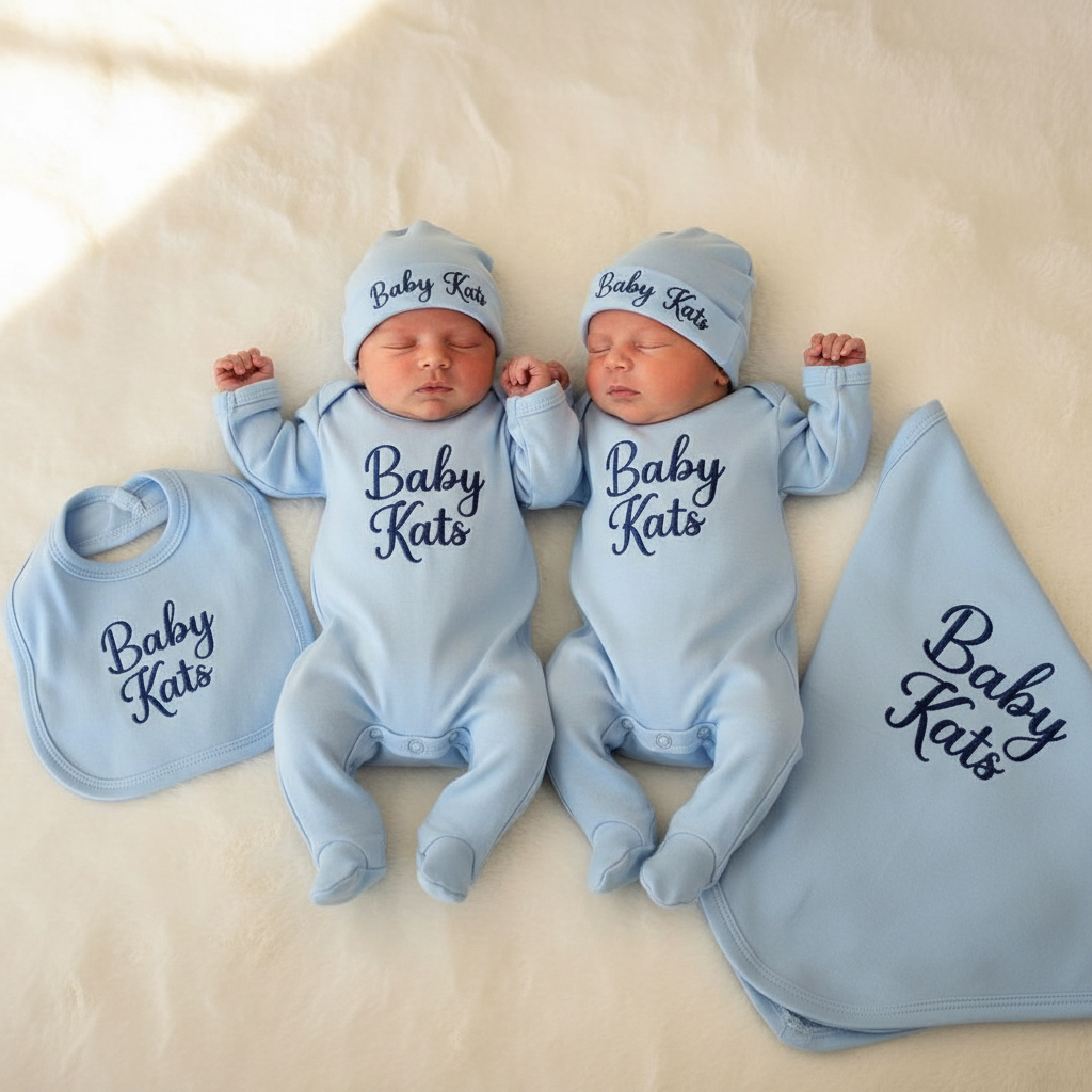 Two newborn babies lying side by side on a cream-colored faux fur blanket, wearing matching light blue footed bodysuits, hats, a bib, and a blanket, all printed with the text 'Baby Kats' in navy blue script.