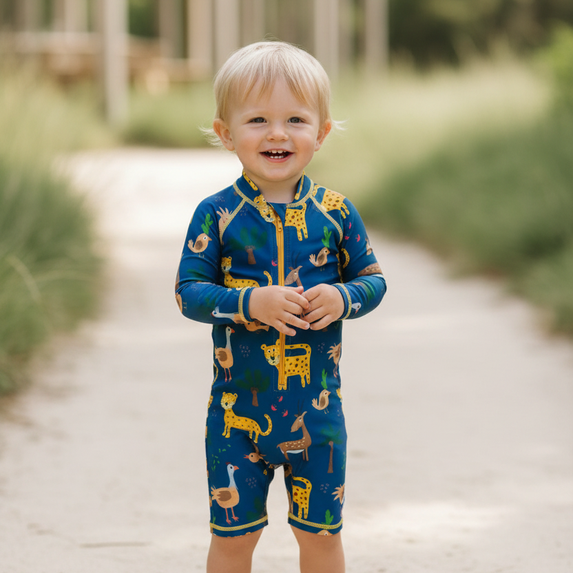 little boy wearing the uv suit with the into the wild rint
