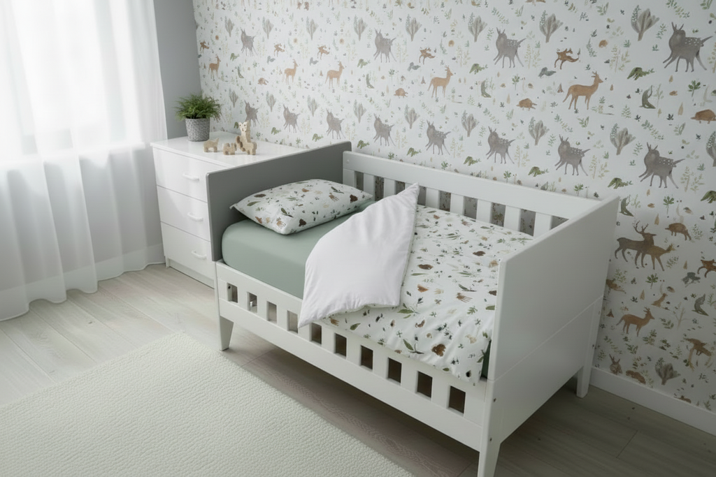 White crib with green bedding in a room with light gray walls and white curtains.