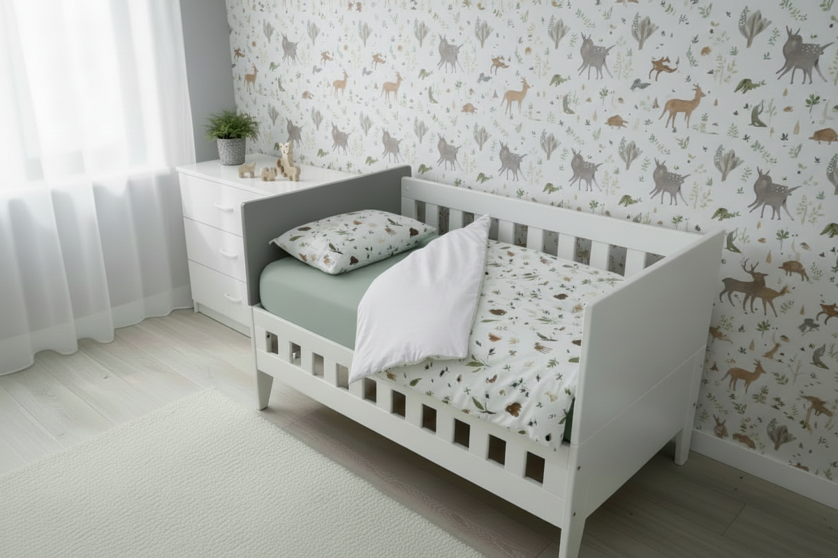 White crib with green bedding in a room with light gray walls and white curtains.