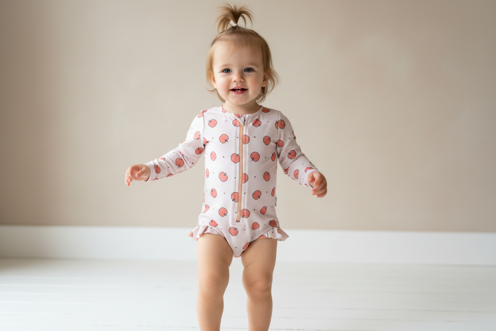 Baby swimsuit with apple pattern on a white background