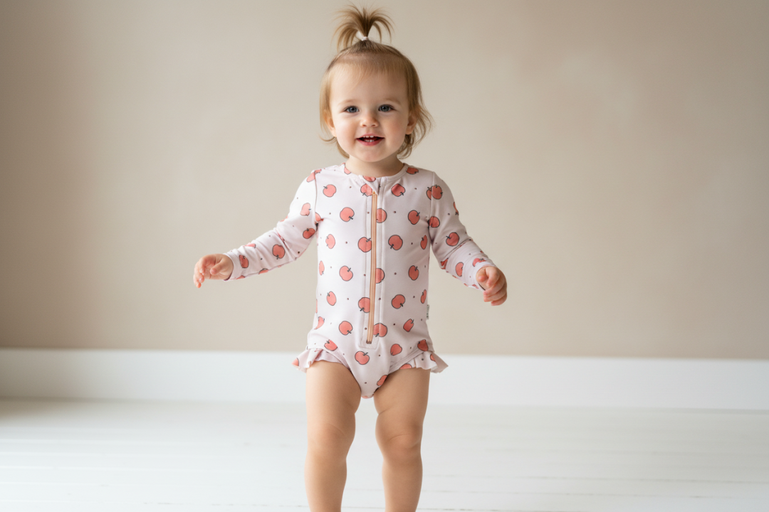 Baby swimsuit with apple pattern on a white background