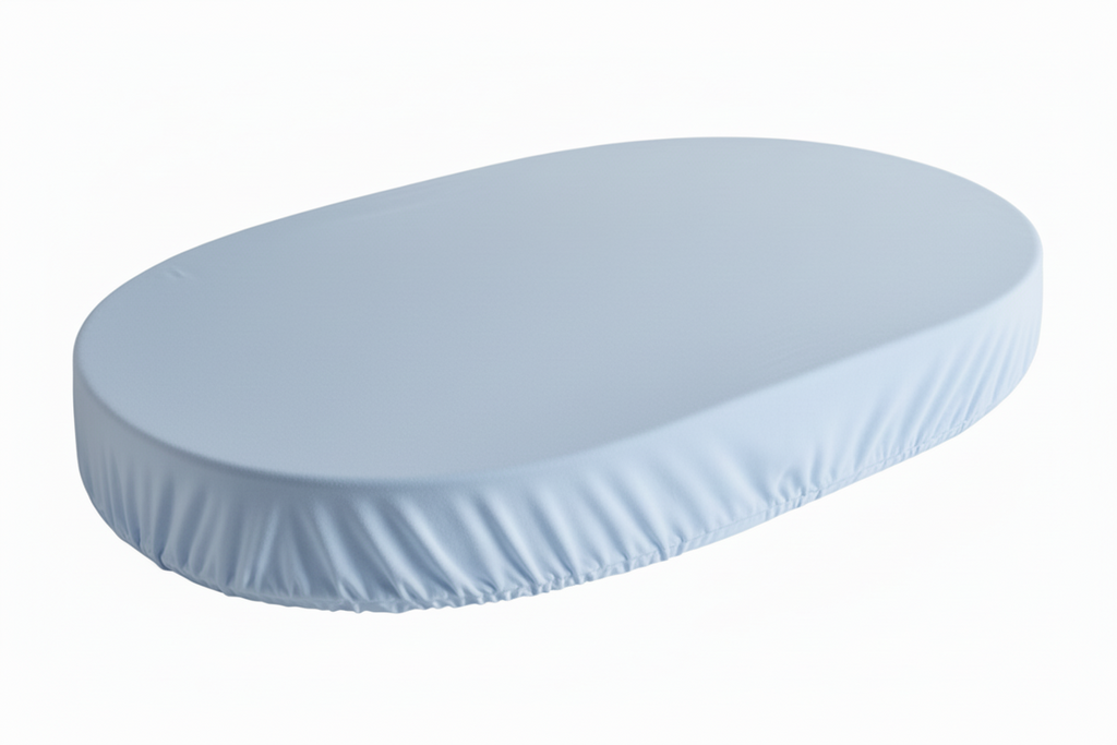 Light blue fitted sheet on a round mattress against a white background
