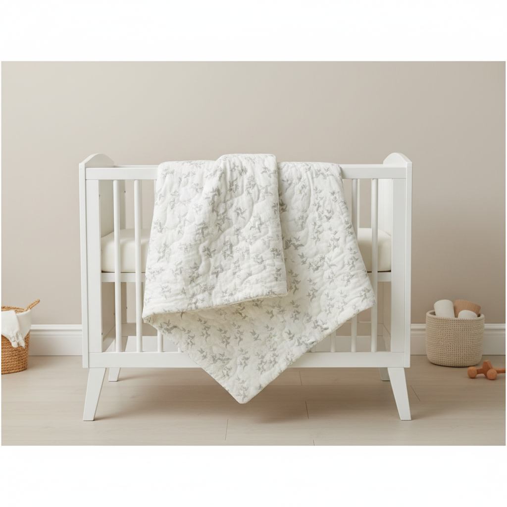 white cot quilt with bird print