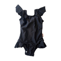 Black baby swimsuit with ruffled sleeves on a white background