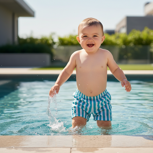 Striped shorts with built in nappy with blue and white pattern on a white background