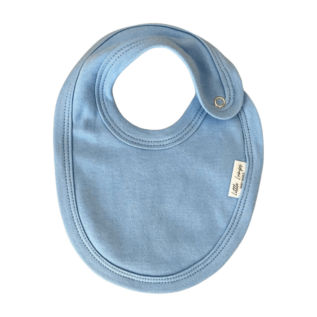 Blue baby bib with a visible brand tag on a white background