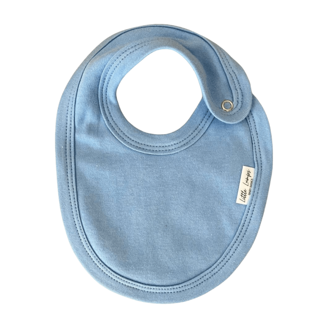 Blue baby bib with a visible brand tag on a white background
