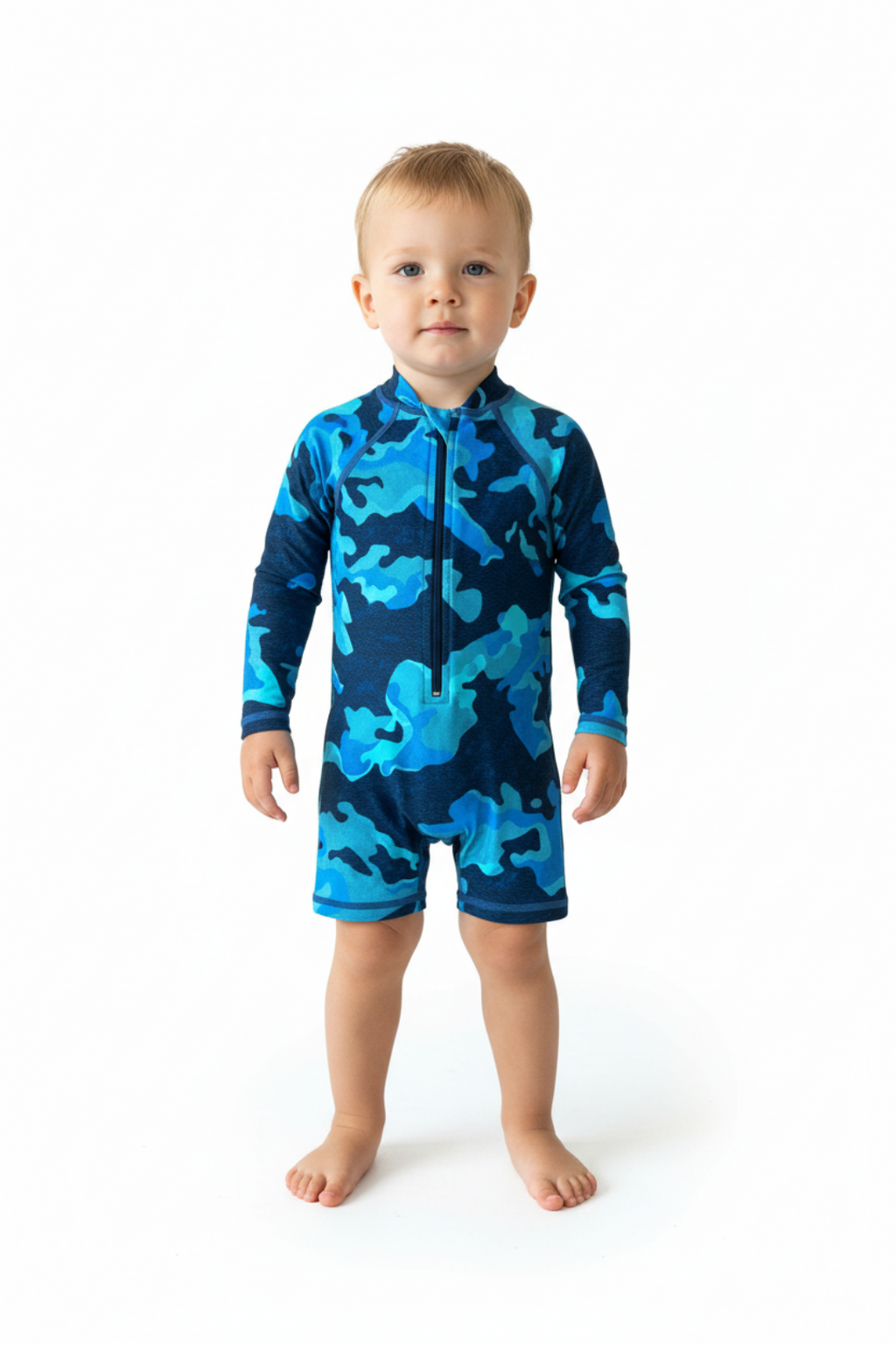 Blue camouflage baby romper on a white background