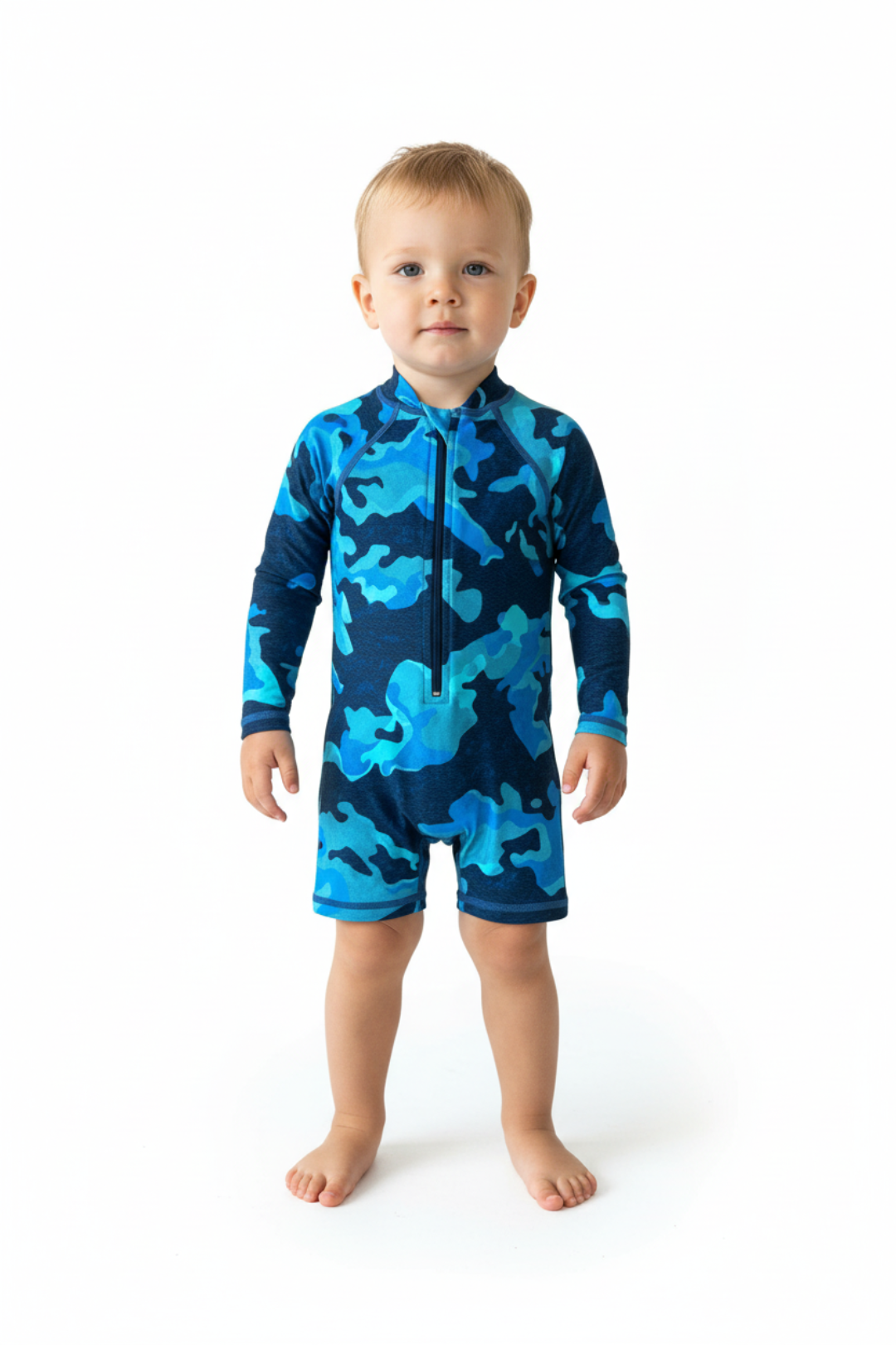 Blue camouflage baby romper on a white background