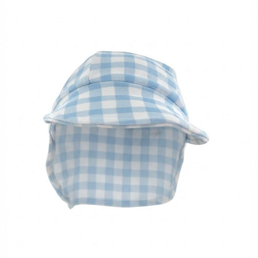 A light blue and white gingham sun hat with an attached neck gaiter, shown against a plain white background.