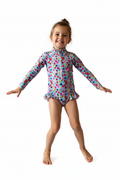 Colorful floral swimsuit with long sleeves on a white background