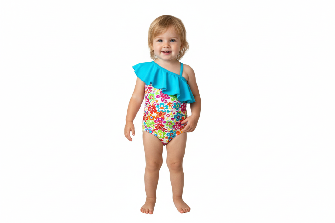 Colorful floral one-piece swimsuit with blue ruffled top on a white background
