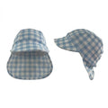 A light blue and white gingham baby sun hat with a neck flap, shown in two views: front and side profile, on a plain white background.