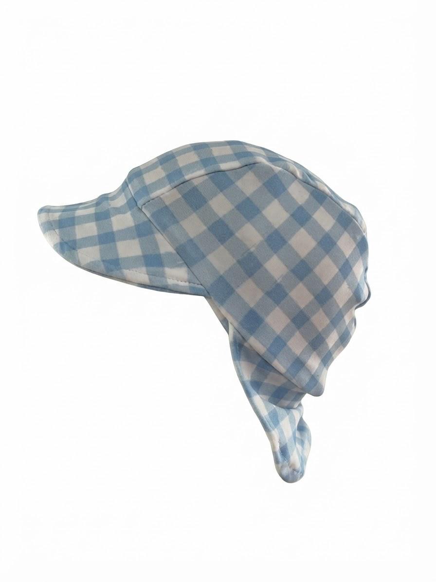 A light blue and white gingham checkered sun hat with a chin strap, shown against a plain white background.