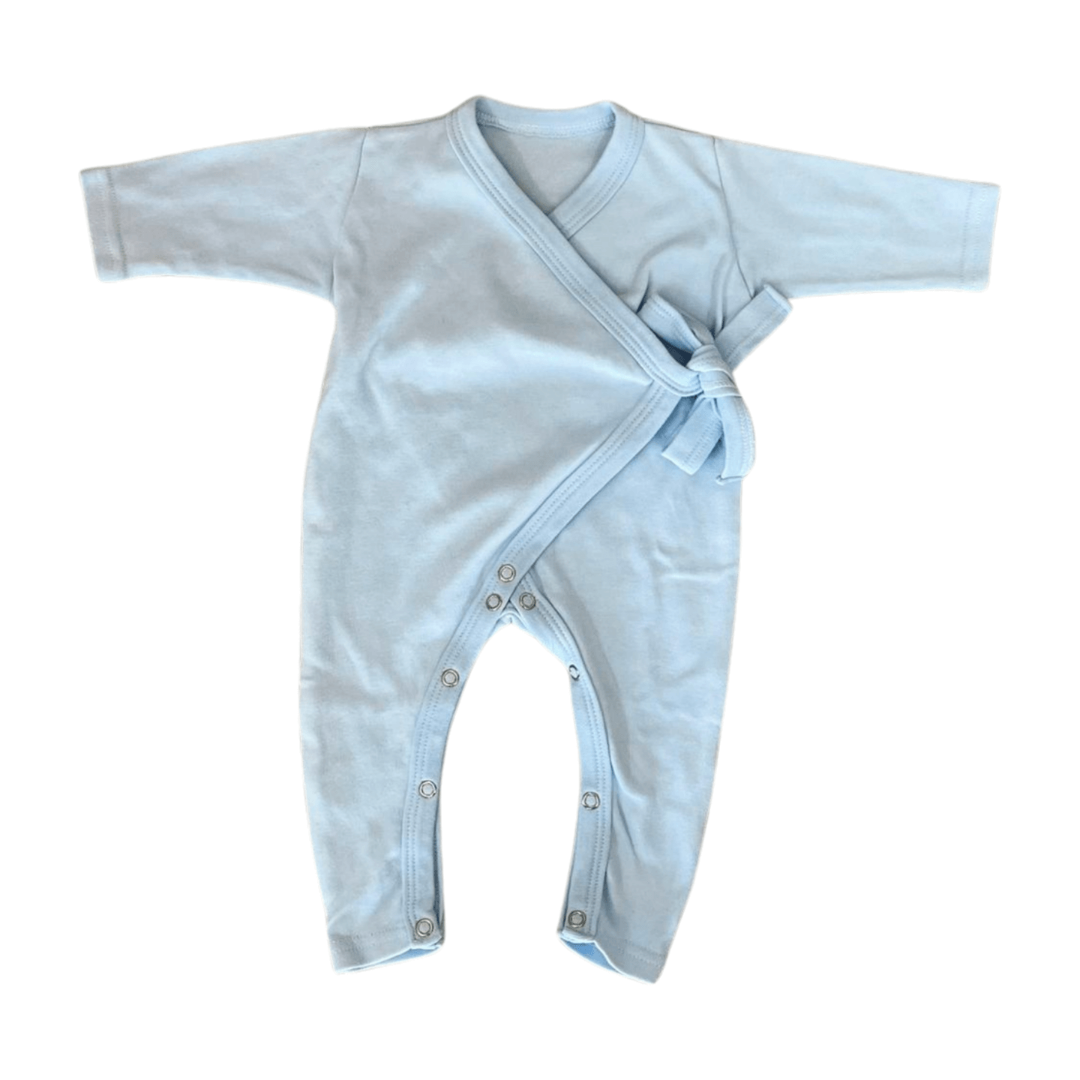 Light blue baby wraparound onesie on a white background